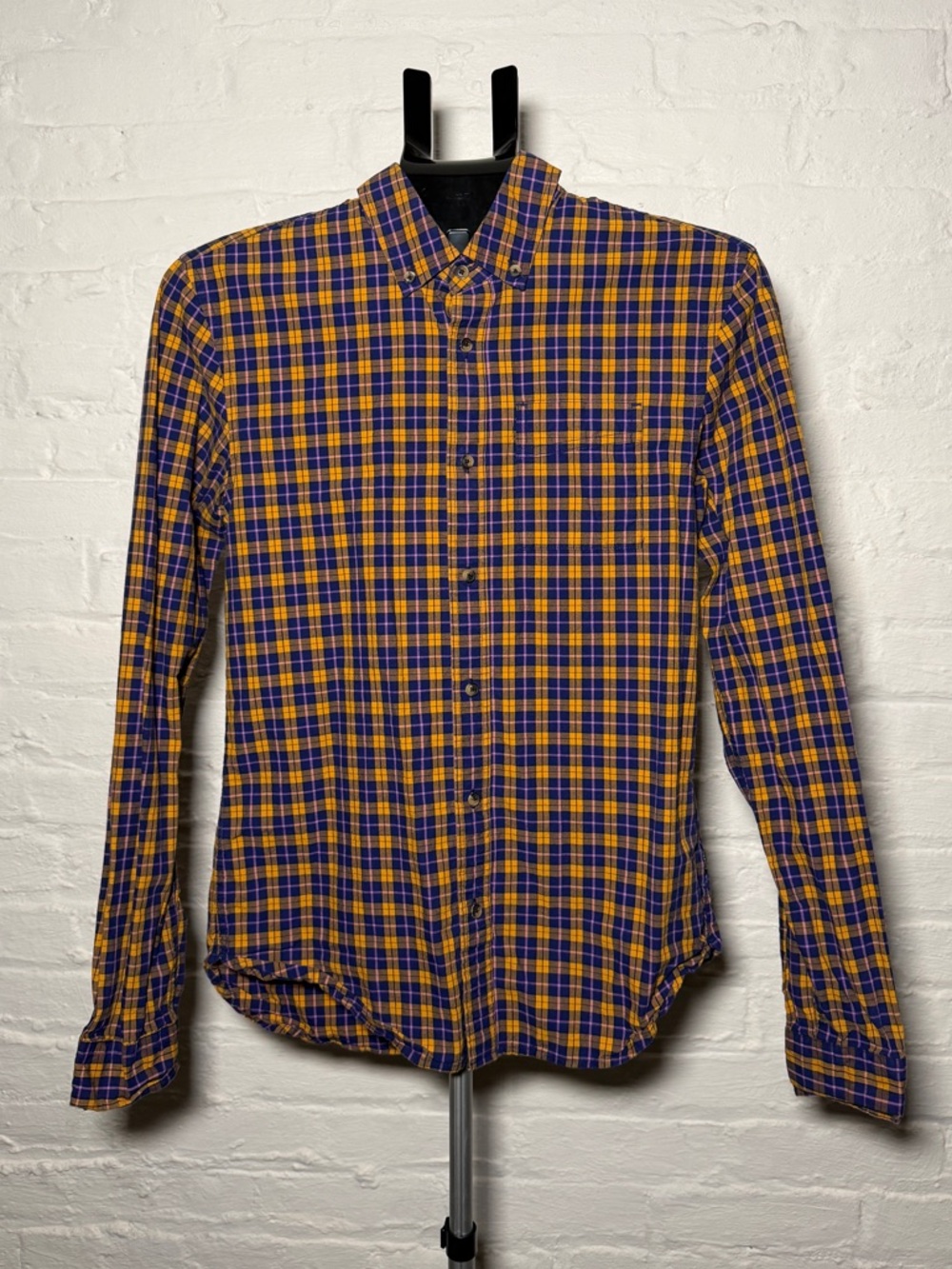 Scotch & Soda Men's Yellow and Blue Plaid Regular Fit Button-Down Oxford Shirt